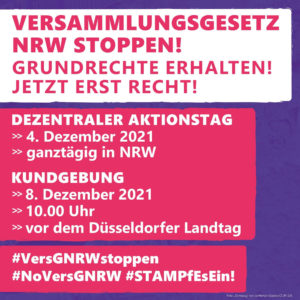 Dezentraler Aktionstag 4. Dezember 2021 ganztägig in NRW + Kundgebung 8. Dezember 2021 um 10:00 Uhr vor dem Düsseldorfer Landtag - #STAMPfEsEin!